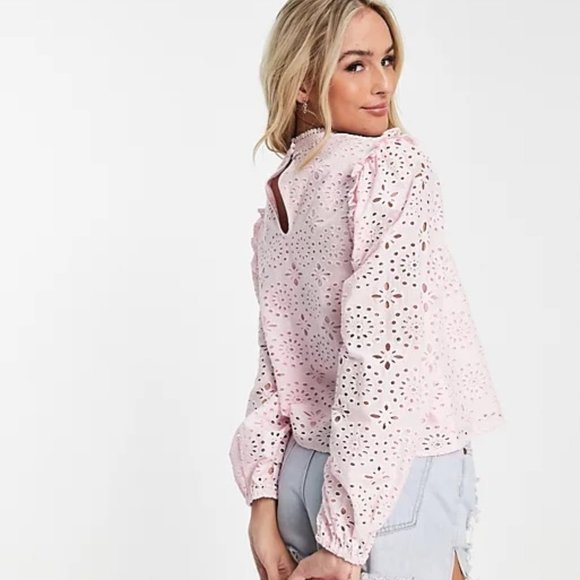 NWT Miss Selfridge Eyelet Victoriana Cotton Blouse In Pink - Picture 4 of 6